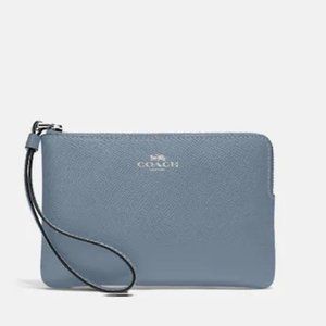 Coach Corner Zip Wristlet Silver / Marble Blue Leather